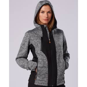 A stylish black and grey workwear jacket with a hood, featuring pockets and a fitted design. It has a logo.