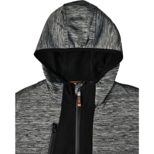 A black and grey patterned workwear hoodie with a hood and zippered front pocket. It features branding on the design.