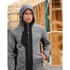 A grey and black zip-up workwear jacket with a hood, featuring a subtle texture and a logo.