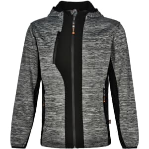 A grey and black workwear jacket with a hood, featuring a zip closure and side pockets. It has a logo on it.
