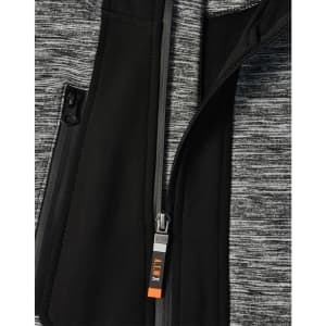 A grey and black jacket featuring a zippered front and a logo on the zipper pull.