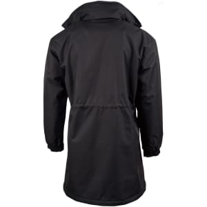 A black long line stadium jacket featuring a drawstring waist and elastic cuffs. It has a logo on the back.