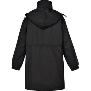A black long line stadium jacket with a hood and elastic cuffs, featuring a cinched waist and a logo.