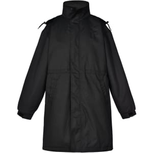 A long black stadium jacket with a high collar and adjustable features, featuring a logo on the design.