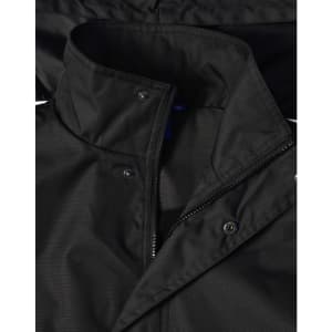 A black Long Line Stadium Jacket with a zip and snap closures, featuring a collar and logo branding.