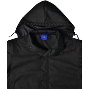 A black Long Line Stadium Jacket featuring a hood, with a collar and a branded label in the neck area.