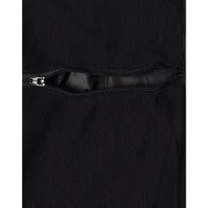 A black Long Line Stadium Jacket featuring a zippered pocket and a smooth lining. The jacket has a branding logo.