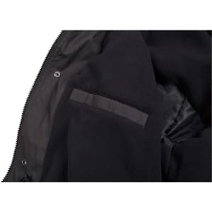 A black Long Line Stadium Jacket features a soft interior lining and an interior pocket. It has a simple design with a logo.