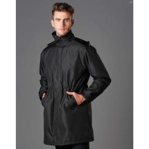 A black long line stadium jacket featuring a zip front, adjustable drawstring waist, and two side pockets.