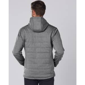 A men's grey cationic quilted jacket with a hood, featuring a textured back design and fitted silhouette.