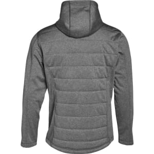 A men's cationic quilted jacket in grey, featuring a hood and a quilted design on the back. It has a logo on it.