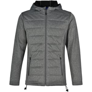 A grey cationic quilted jacket with a hood and zip closure, featuring a logo on the chest.