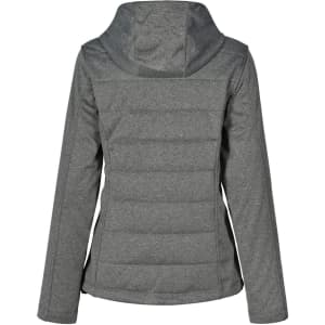 A grey cationic quilted jacket with a hood, featuring a structured back and a logo.