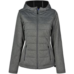 A ladies' quilted puffer jacket in grey, featuring a hood and zippered pockets, with a logo on the jacket.