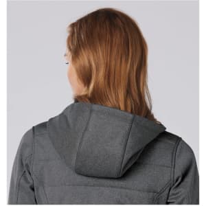 A grey quilted jacket with a hood, featuring a sleek design and visible stitching details at the back.