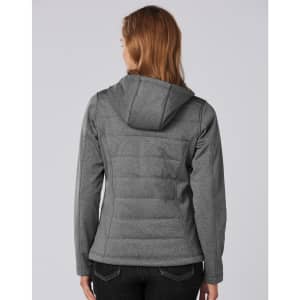 A grey, ladies' cationic quilted jacket with a hood, featuring a fitted design and a logo on the back.