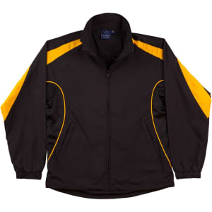 A black and yellow adults warm-up jacket with a front zip and a logo on the chest.