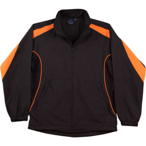 A black track jacket featuring orange accents, with a zip front and elasticated cuffs. It has a logo on the chest.