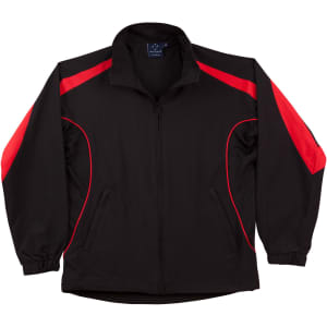 A track jacket in black with red detailing, featuring pockets and a collar, and a logo on the chest.