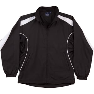 A black track jacket with white detailing, featuring a zip front and side pockets. Includes a logo on the chest.