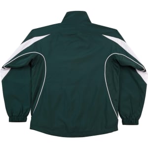 A dark green track jacket with white accents and elastic cuffs, featuring a logo on the back.