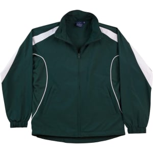 A track jacket in dark green with white accents and a logo on the chest. Features a full zip and elastic cuffs.