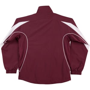 A maroon track jacket with white accents, featuring a high collar and a branded logo.
