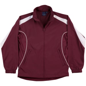 A maroon warm-up jacket with white accents and a branding logo on the chest.