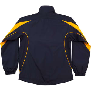 A navy and yellow track jacket with a high collar and elasticised cuffs. Features a logo on the upper back.