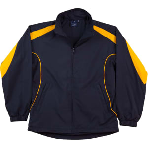 A black and yellow track jacket featuring a zip closure and elastic cuffs. It includes a logo on the upper area.