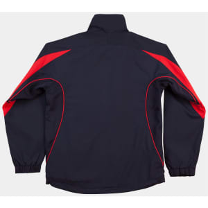 A warm-up jacket in navy with red accents, featuring a logo on the back and elastic cuffs.