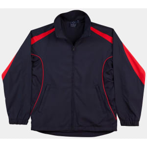 A black and red track jacket with a zip front and elastic cuffs, featuring a logo on the chest.
