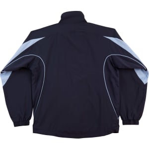 A track jacket in navy blue with light blue accents and a logo. Features a full zip and elastic cuffs.