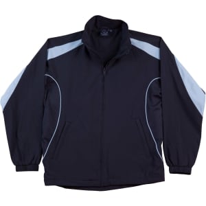 A black track jacket with light blue accents and a logo on the chest. Features a zip front and elastic cuffs.
