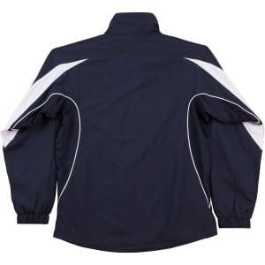 A navy blue track jacket featuring white accents and a logo on the back. Suitable for adults.