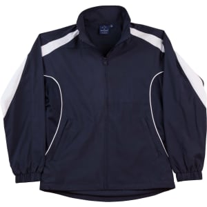 A navy and white adults warm-up jacket featuring a zip front and elastic cuffs, with a logo on the chest.