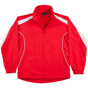 A red track jacket featuring white accents and a logo, designed with a zip front and side pockets.