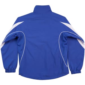 A blue track jacket with white detailing and a logo on the back. Features a high collar and elastic cuffs.