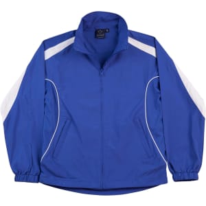 A blue warm-up jacket with white side panels and a logo, featuring a zip front and side pockets.