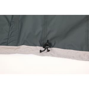 A grey and dark green waterproof performance jacket, featuring a hook detail at the hem. It has a logo.