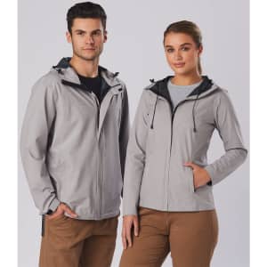 A lightweight grey waterproof performance jacket featuring a hood, worn by two models. The jacket has a logo on it.