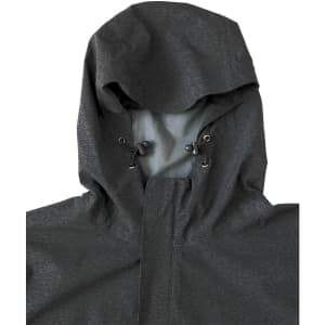 A men's waterproof performance jacket in dark grey, featuring a hood and adjustable ties. It has a logo on the chest.