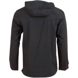 A dark grey men's waterproof performance jacket with a hood, featuring a logo on the back.