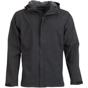 A men's waterproof performance jacket in dark grey, featuring a hood and a zip-front closure. It has a logo on the chest.