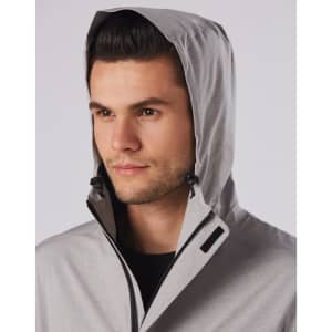 Men's waterproof performance jacket in grey, featuring a hood and branding. Suitable for rain protection.