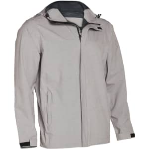 Men's waterproof performance jacket in light grey, featuring a zippered front and adjustable hood. Includes a logo.