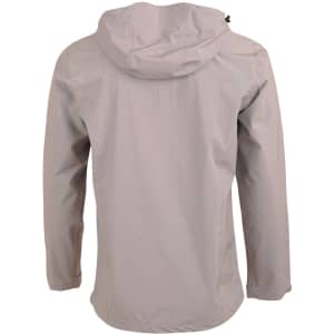 A men's waterproof performance jacket in a light grey colour, featuring a hood and a logo. Back view displayed.