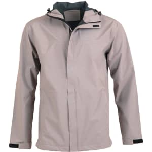 A men's waterproof performance jacket in light grey, featuring a hood and a logo on the chest.