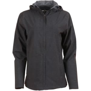 A ladies' waterproof performance jacket in dark grey, featuring a hood and a logo on the front.