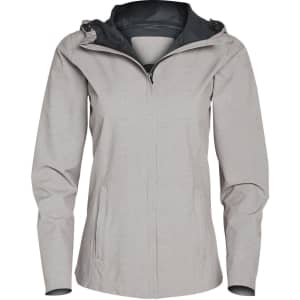 A ladies' waterproof performance jacket in light grey, featuring a hood and zip closure, with a logo on the sleeve.
